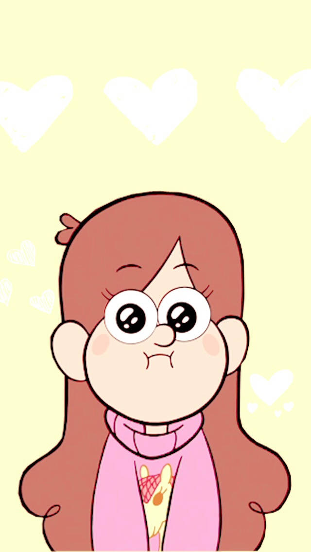 Mabel Pines 黃色愛心 壁紙 — 一個棕色頭髮、大眼睛的卡通女孩，穿著粉紅色毛衣，背景是淡黃色，有漂浮的白色心形。