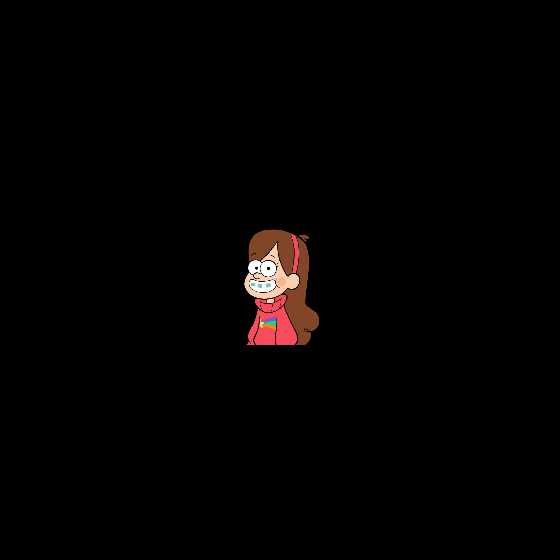 Mabel Pines 黑色背景 壁紙 — 一個卡通女孩，棕色頭髮，穿著紅色連帽衫，在純黑色背景上燦爛微笑。