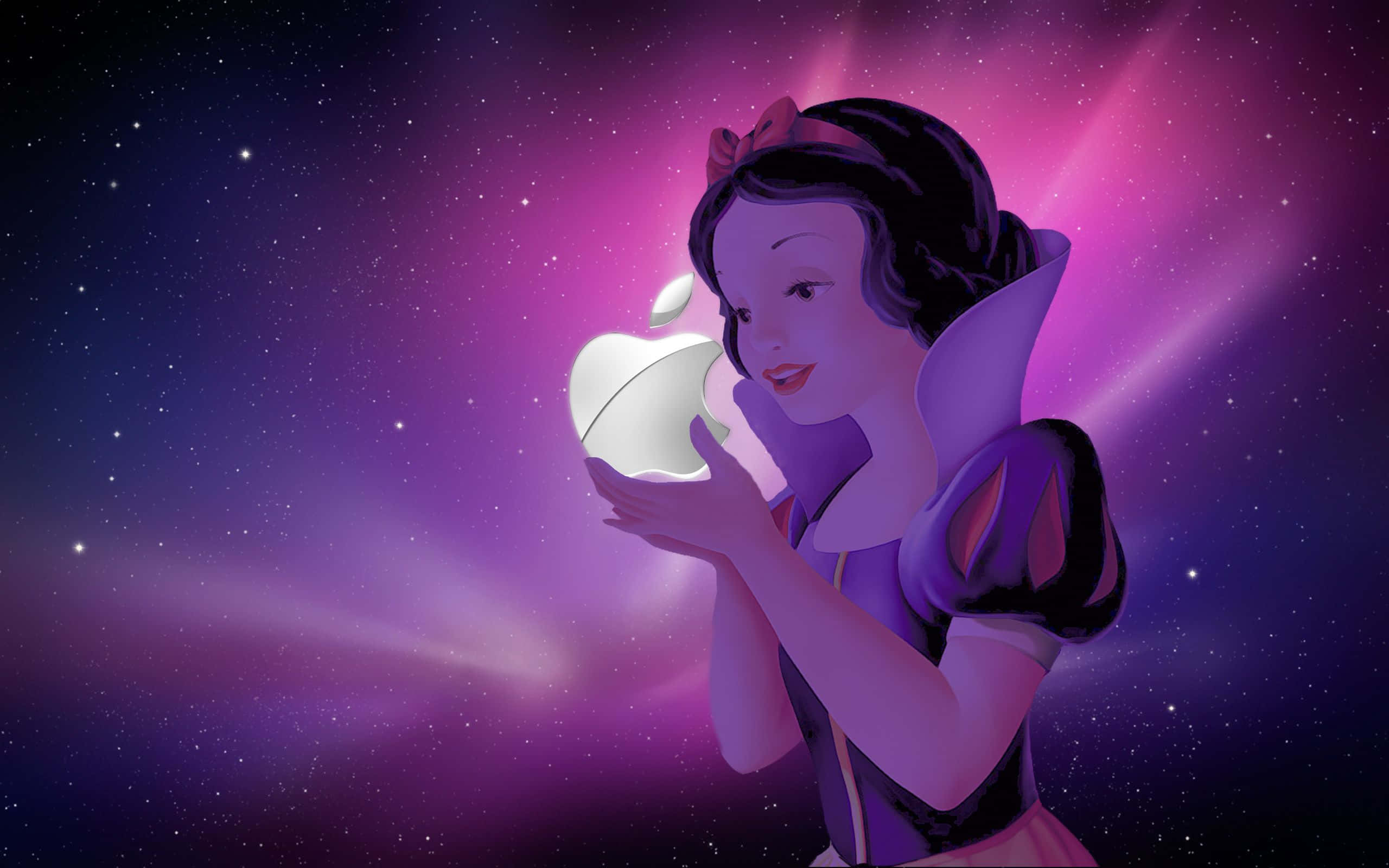 簡約時尚的Mac設置 壁紙 — 白雪公主在星光燦爛的紫色宇宙背景下，抱著一個發光的Apple標誌，周圍有耀眼的光束。
