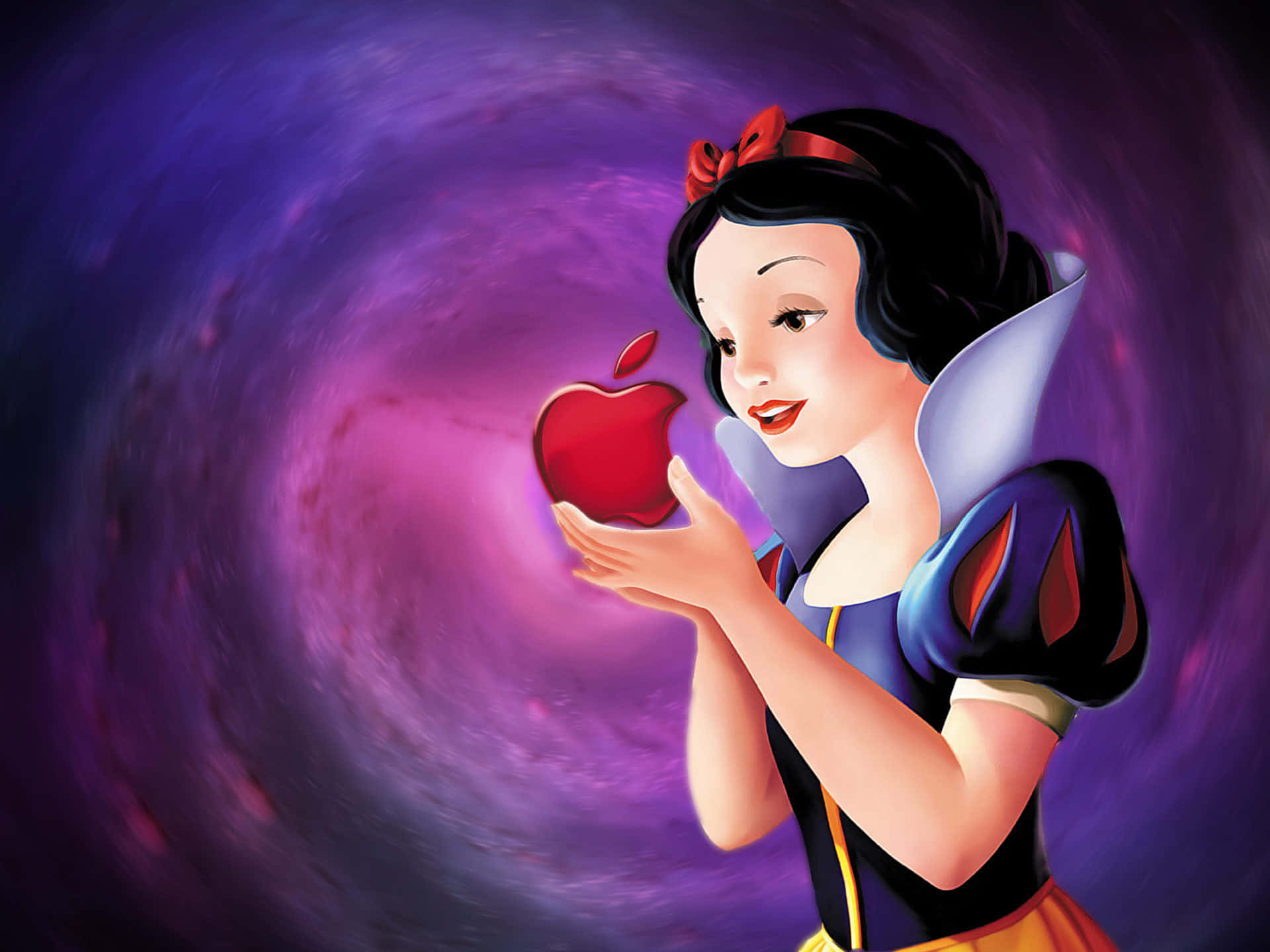 迪士尼Mac：享受迪士尼魔法的完美方式 壁紙 — 白雪公主拿著一個發光的紅蘋果，背景是旋轉的紫色宇宙漩渦。