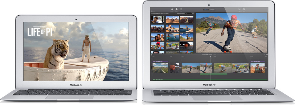 Mac Book Air 雙螢幕設定 壁紙 — 兩部MacBook Air顯示影片編輯軟件，內容包括老虎、船上男子及滑板片段。