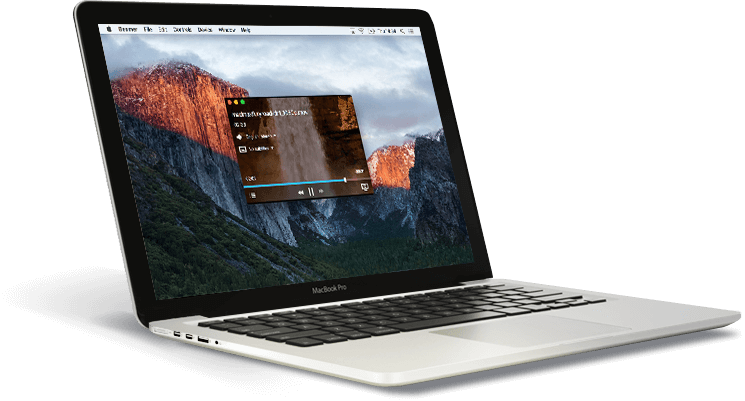 Mac Book Pro 播放自然影片 壁紙 — 一部銀色 MacBook Pro 在橙色和灰色調的山景桌布上顯示影片播放器。