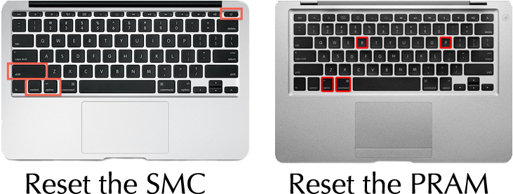 Mac Book SMC 與 PRAM 重設步驟 壁紙 — 兩個銀色手提電腦鍵盤，帶有黑色按鍵和紅色突出顯示的功能鍵，並排顯示。