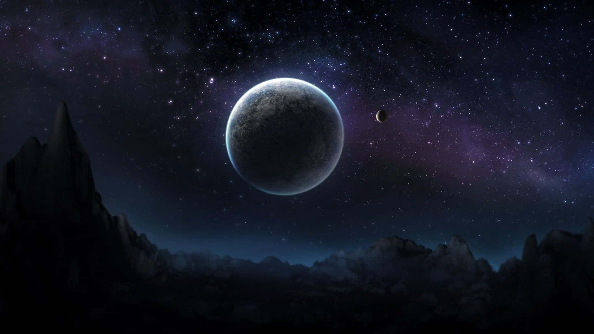 星空下的外星山脈，發光行星和月亮。