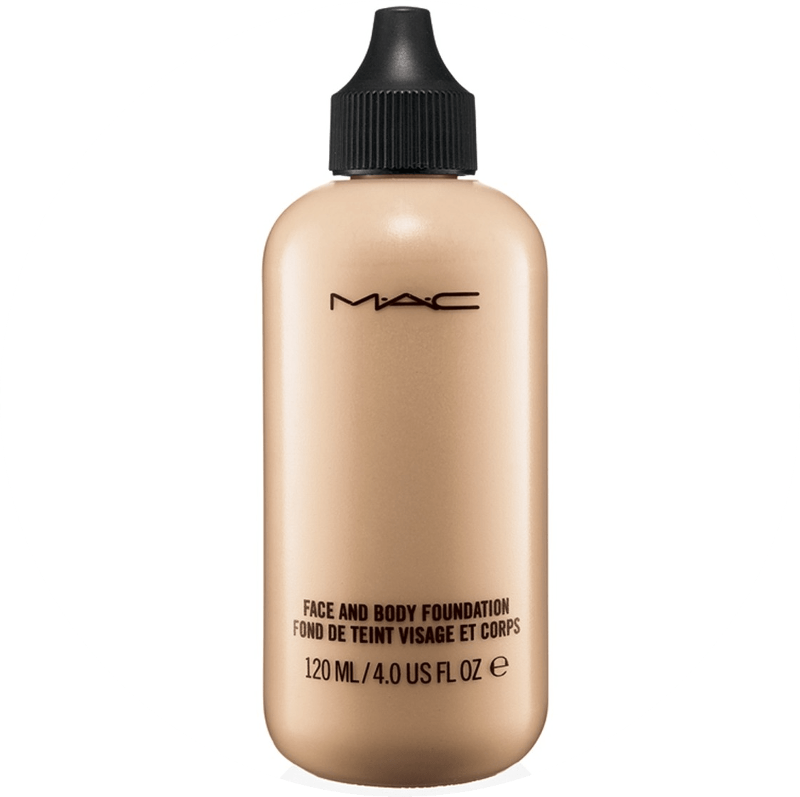 MAC Face and Body 基底霜瓶 壁紙 — 一個時尚的MAC面部及身體粉底瓶，帶有黑色滴管蓋，置中於白色圓形背景上，背景為青綠色。