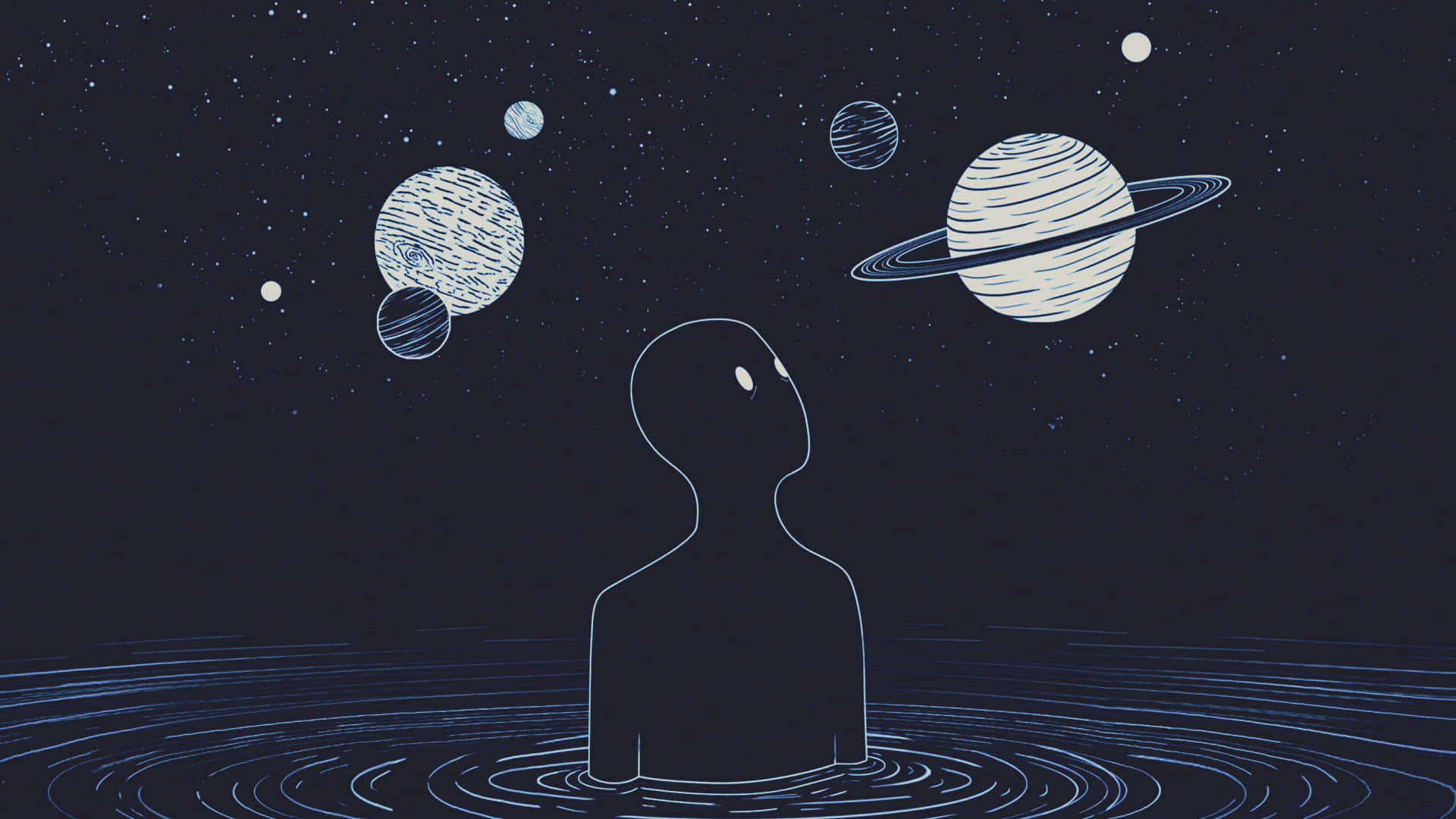 為您的 Mac 套上龐克美學 壁紙 — 一個極簡的剪影站在水中，仰望宇宙夜空中風格化的行星和星星。