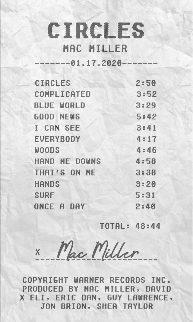 Mac Miller Circle 收據 壁紙 — Mac Miller《Circles》嘅皺紙專輯曲目列表，歌曲名稱同時間戳以像素字體顯示。