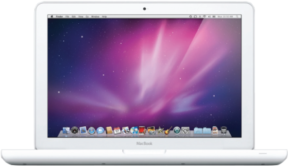 白色 MacBook 前視圖 壁紙 — 一部白色 MacBook 手提電腦顯示充滿活力的紫色和粉紅色極光壁紙，配有星空和 macOS Dock。
