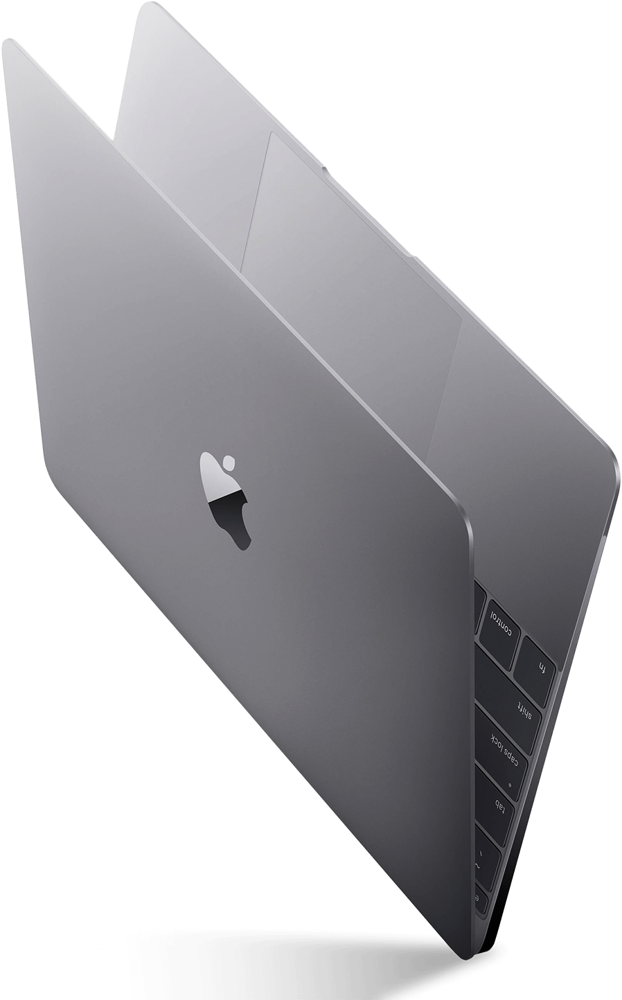 太空灰MacBook閉合浮空 壁紙 — 一部時尚的銀色 MacBook 手提電腦以傾斜角度展示在黑色背景上，鍵盤和 Apple 標誌清晰可見。