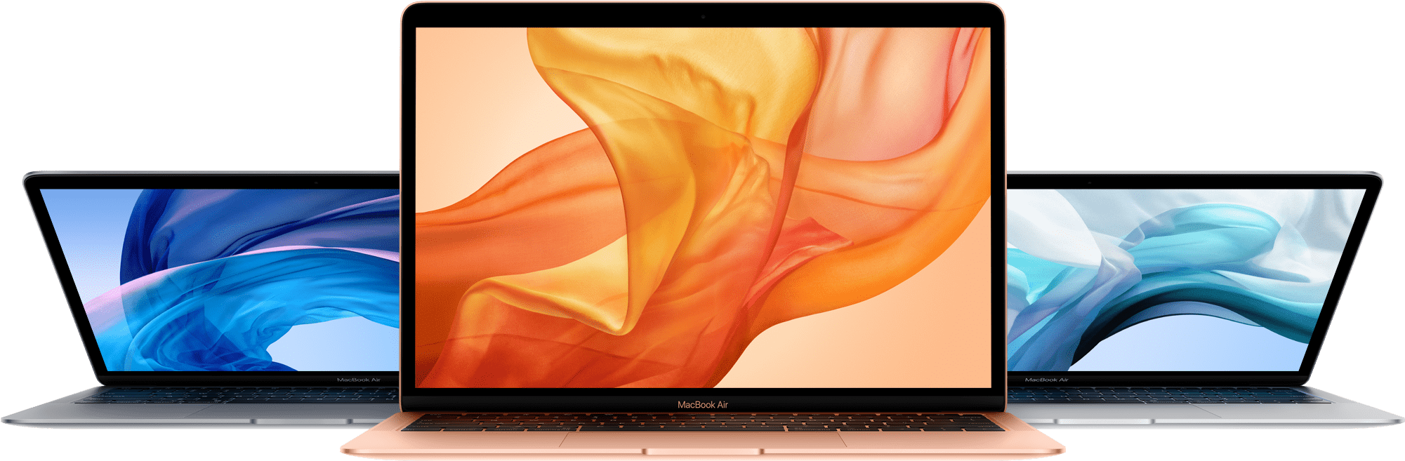 MacBook 系列展示 壁紙 — 三部 MacBook Air 手提電腦並排展示，屏幕上顯示鮮豔的抽象布料牆紙，背景為黑色。