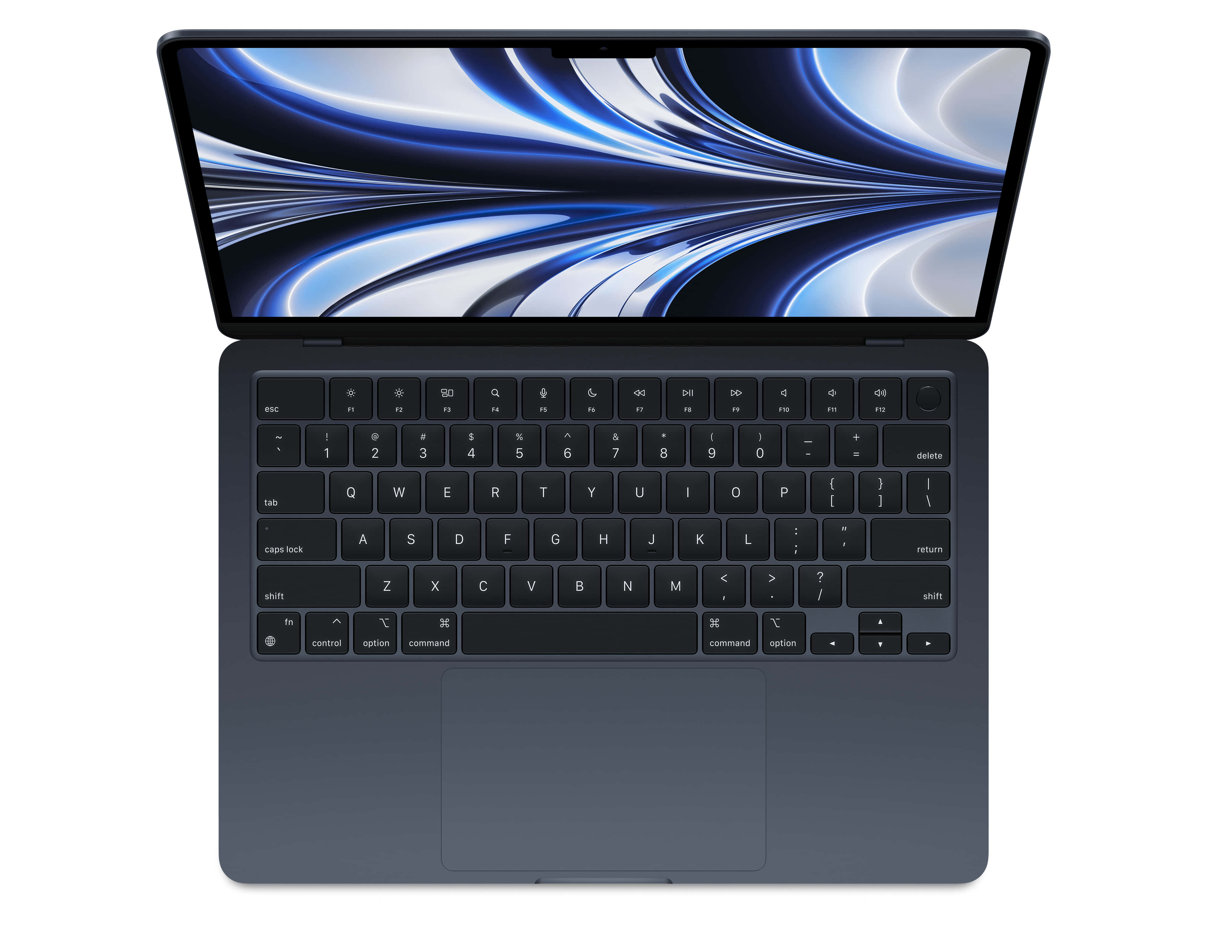 時尚的黑色MacBook 壁紙 — 一部纖薄的深灰色手提電腦打開，屏幕上顯示出動態的藍白抽象漩渦牆紙。