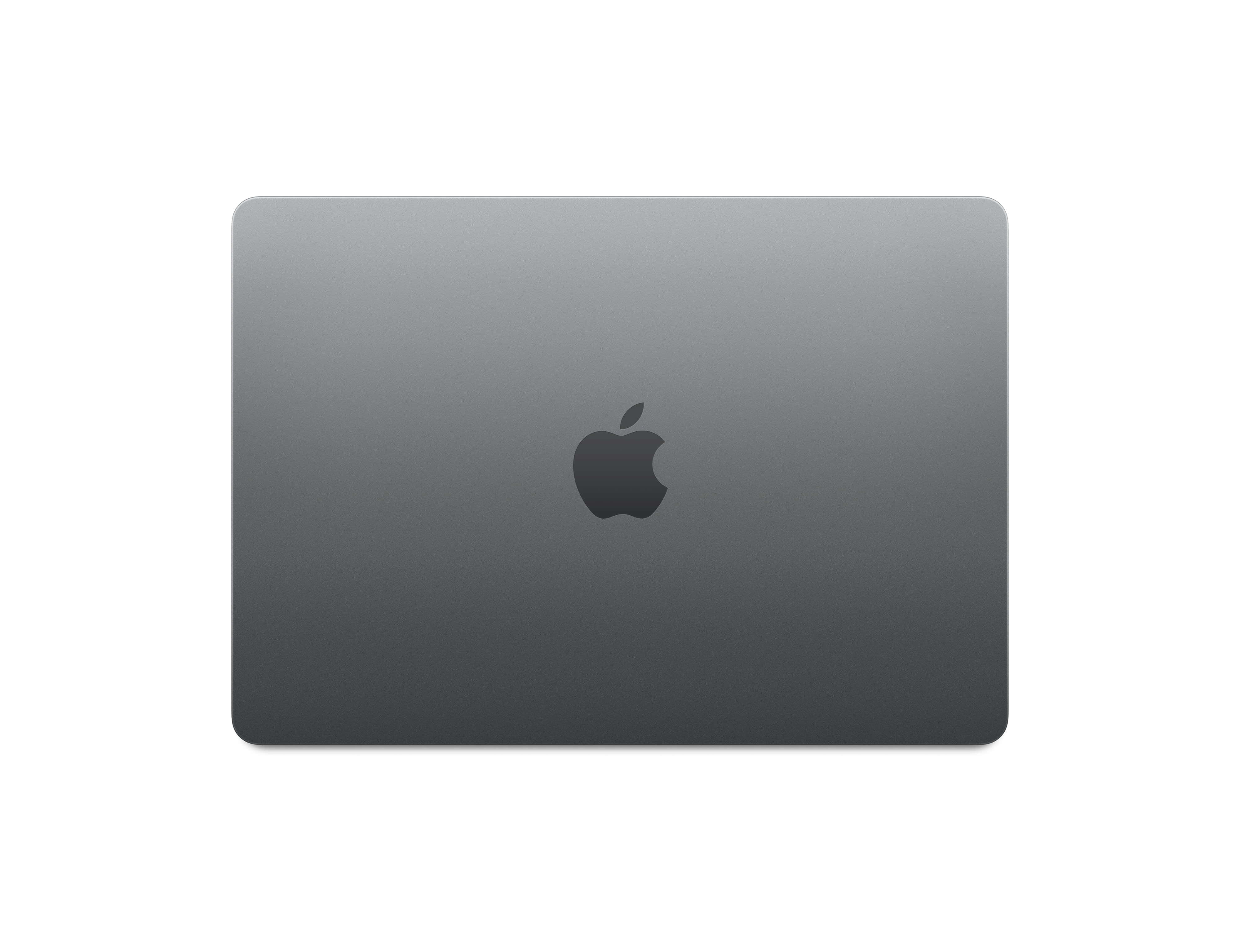 準備以時尚黑色MacBook釋放您的工作效率 壁紙 — 一個時尚的啞光深灰色 MacBook 蓋，中央有 Apple 標誌，背景為純白色。