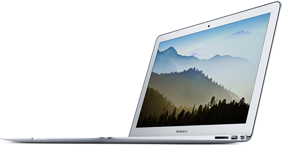 MacBook Air 側面視角 壁紙 — 一部銀色 MacBook Air 手提電腦在黑色背景上顯示霧氣繚繞的山脈壁紙。