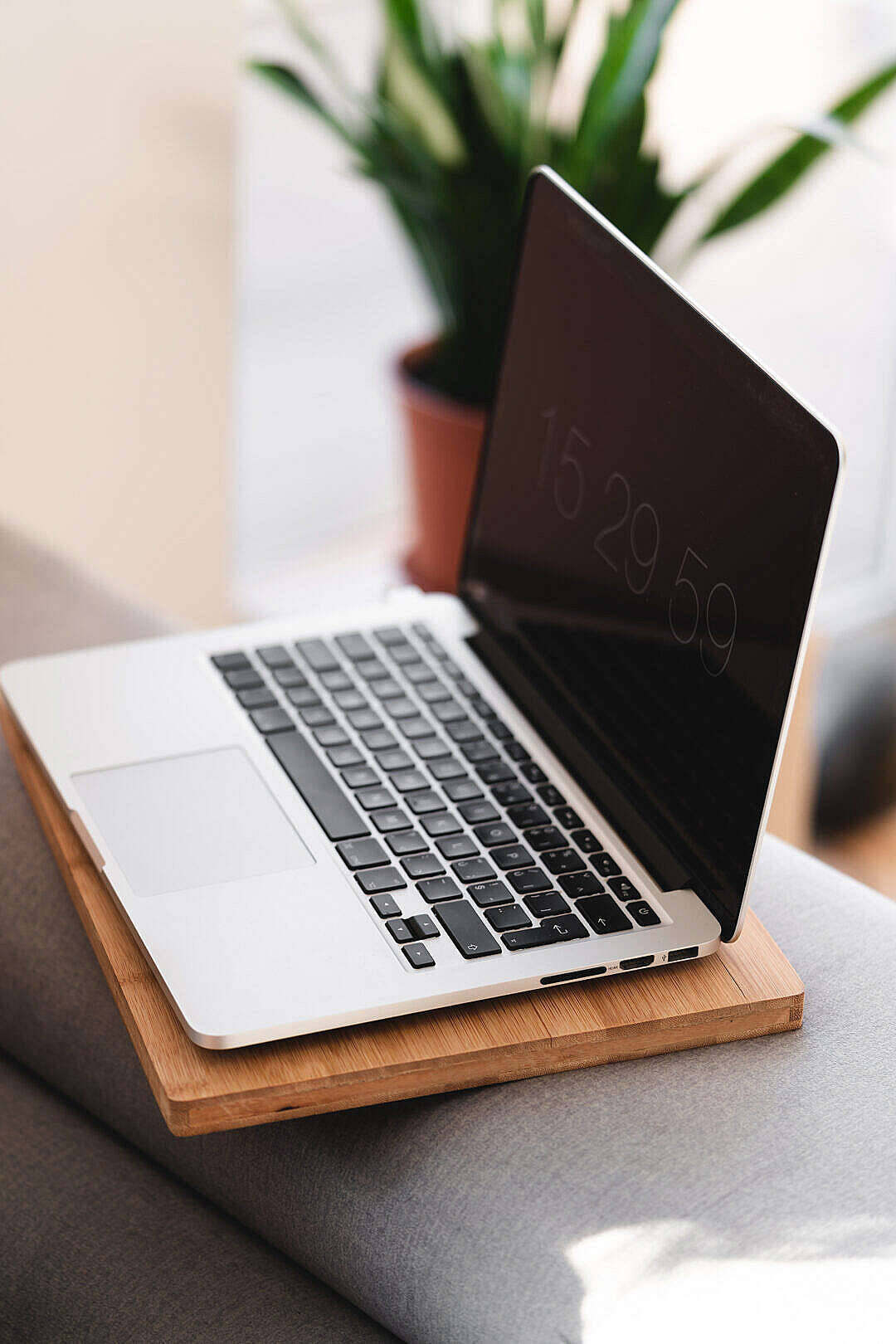 MacBook Air 2020 作為時鐘 壁紙 — 一部時尚的銀色手提電腦放在灰色梳化上的木托盤上，背景中有一盆植物柔和地模糊。