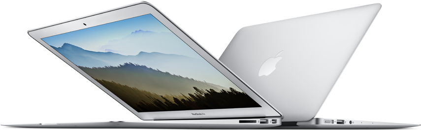 銀色MacBook Air開合兩視角 壁紙 — 銀色 MacBook 手提電腦打開，顯示一個霧氣瀰漫的山景壁紙，背景為黑色。