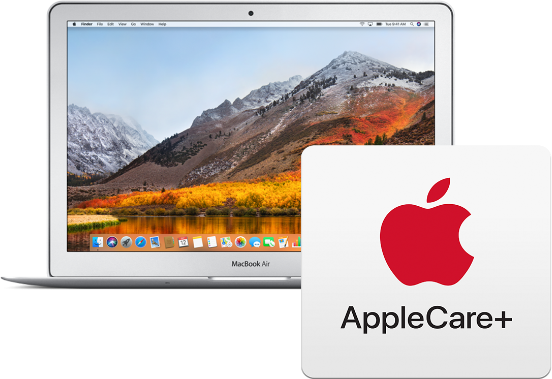 MacBook Air 配備 AppleCare+ 壁紙 — 銀色 MacBook Air 在白色 AppleCare+ 卡（帶紅色標誌）旁邊顯示秋季山脈壁紙。