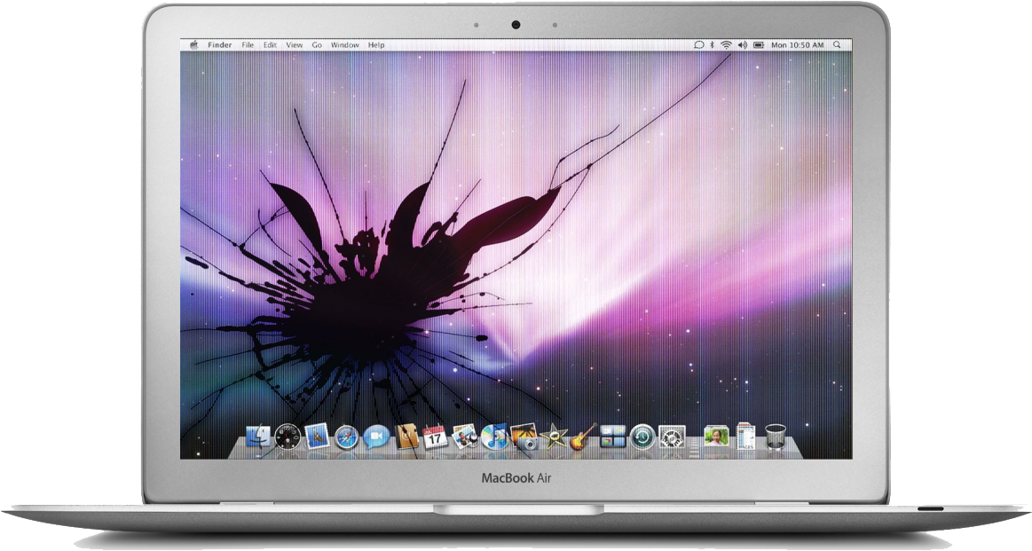 MacBook Air 模擬裂紋螢幕壁紙 壁紙 — 銀色 MacBook Air 手提電腦顯示一個破裂的屏幕，帶有紫色極光壁紙和 macOS Dock。