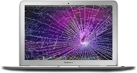 損壞的 MacBook Air 屏幕 壁紙 — 一部銀色MacBook Air的螢幕破裂，顯示充滿活力的紫色和粉紅色抽象桌布。