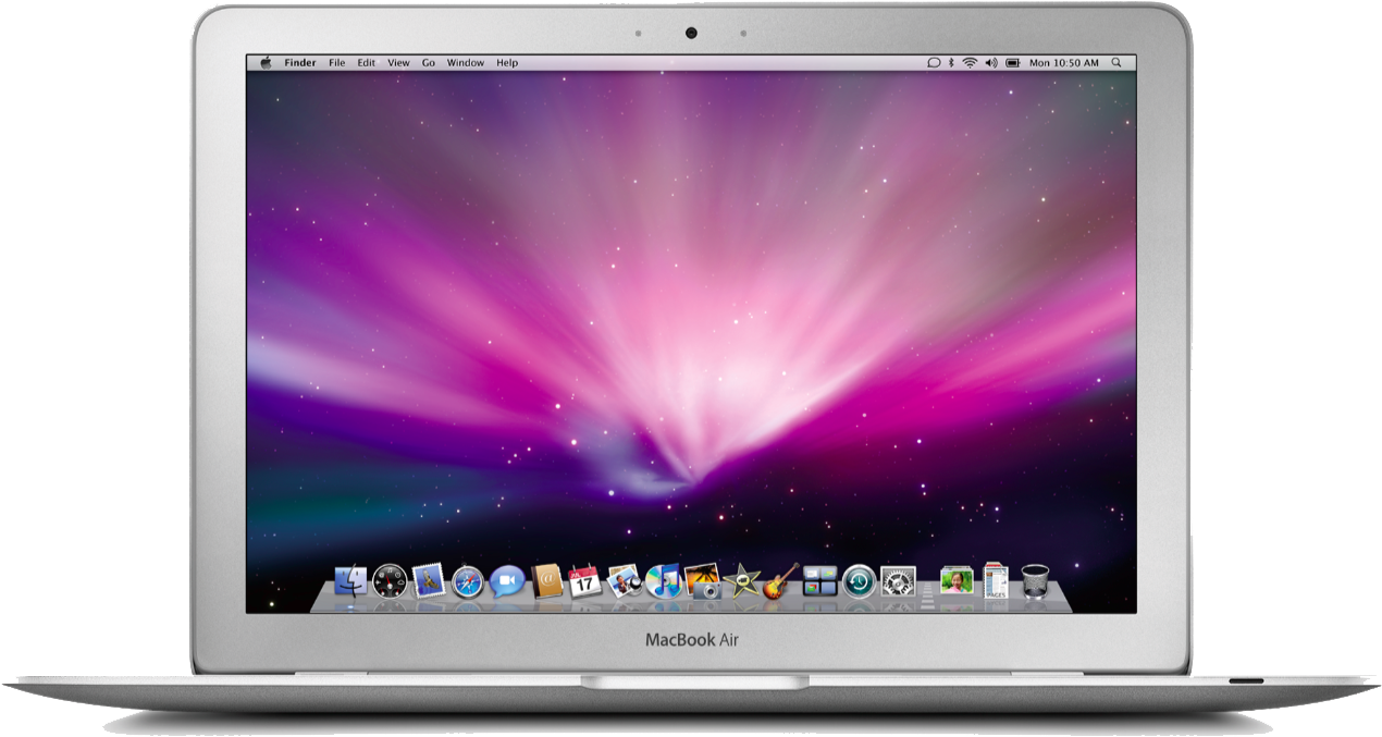 MacBook Air 星際壁紙 壁紙 — 銀色 MacBook Air 手提電腦顯示充滿活力的紫色和粉紅色極光桌布，並帶有 macOS Dock 和選單列。