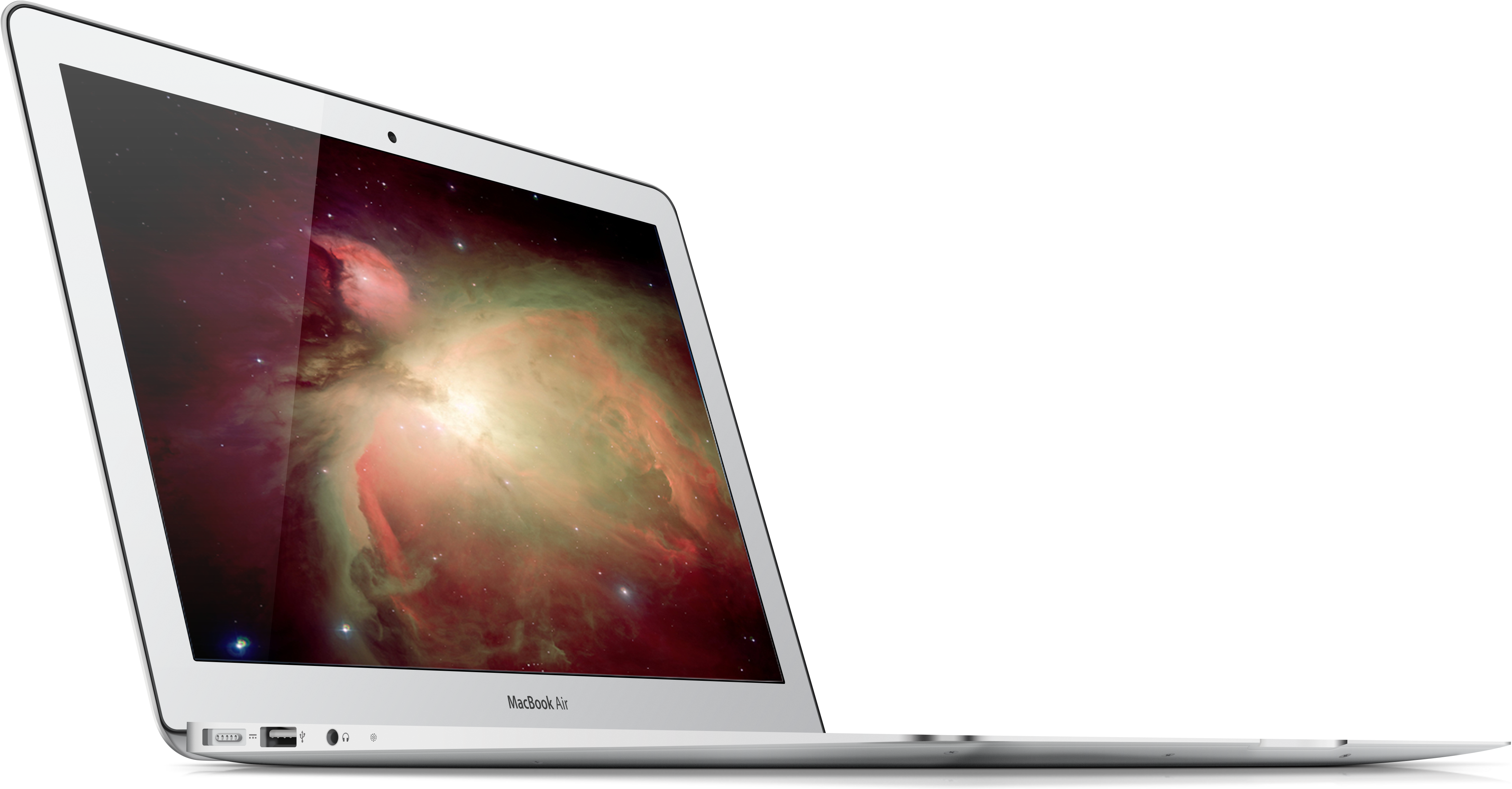 MacBook Air 側面視角 壁紙 — 一部時尚的銀色 MacBook Air 手提電腦傾斜放在黑色背景上，顯示充滿活力的宇宙星雲壁紙。