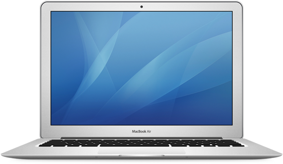MacBook Air 前視圖 壁紙 — 銀色 MacBook Air 手提電腦打開，在黑色背景上顯示藍色抽象壁紙。
