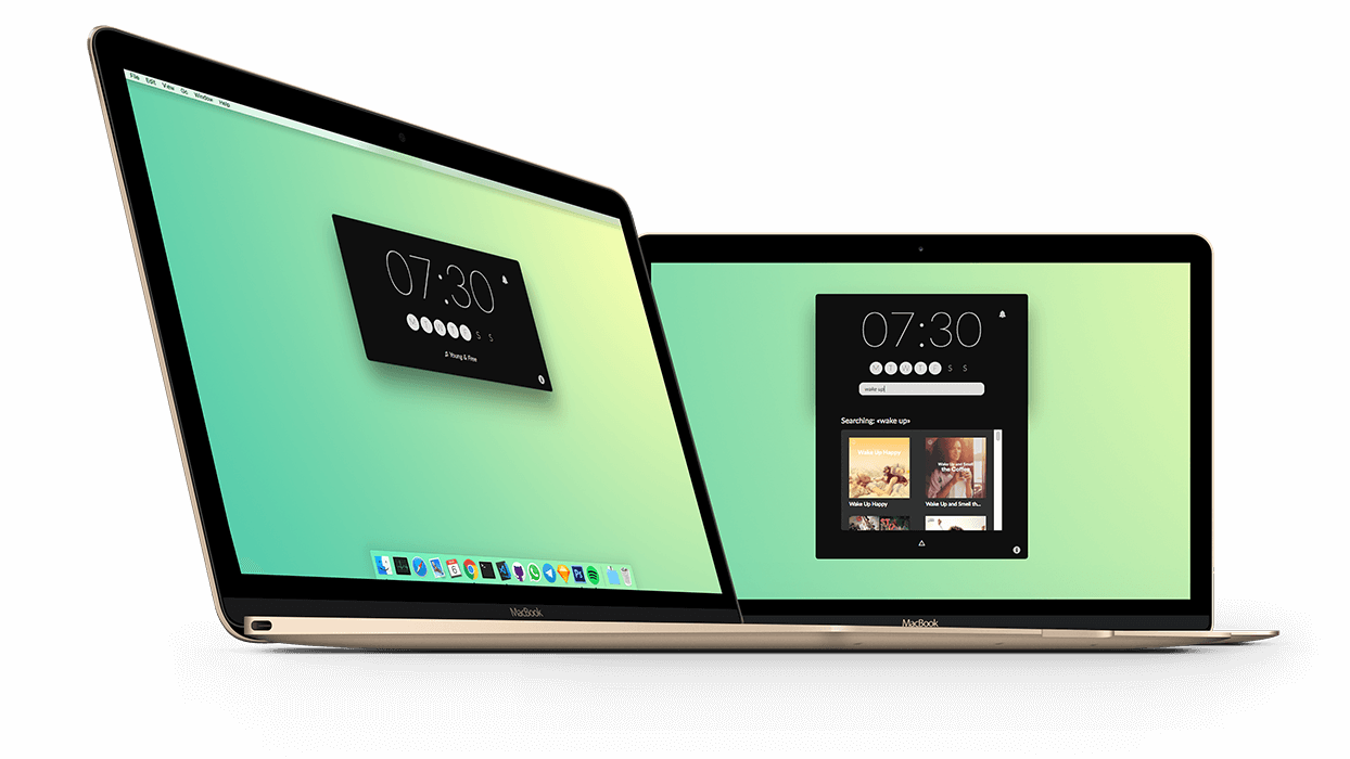 MacBook 雙螢幕設定 壁紙 — 兩部金色 MacBook 手提電腦傾斜並排放在黑色背景上，顯示 macOS 介面，包含時間小工具和搜尋結果。