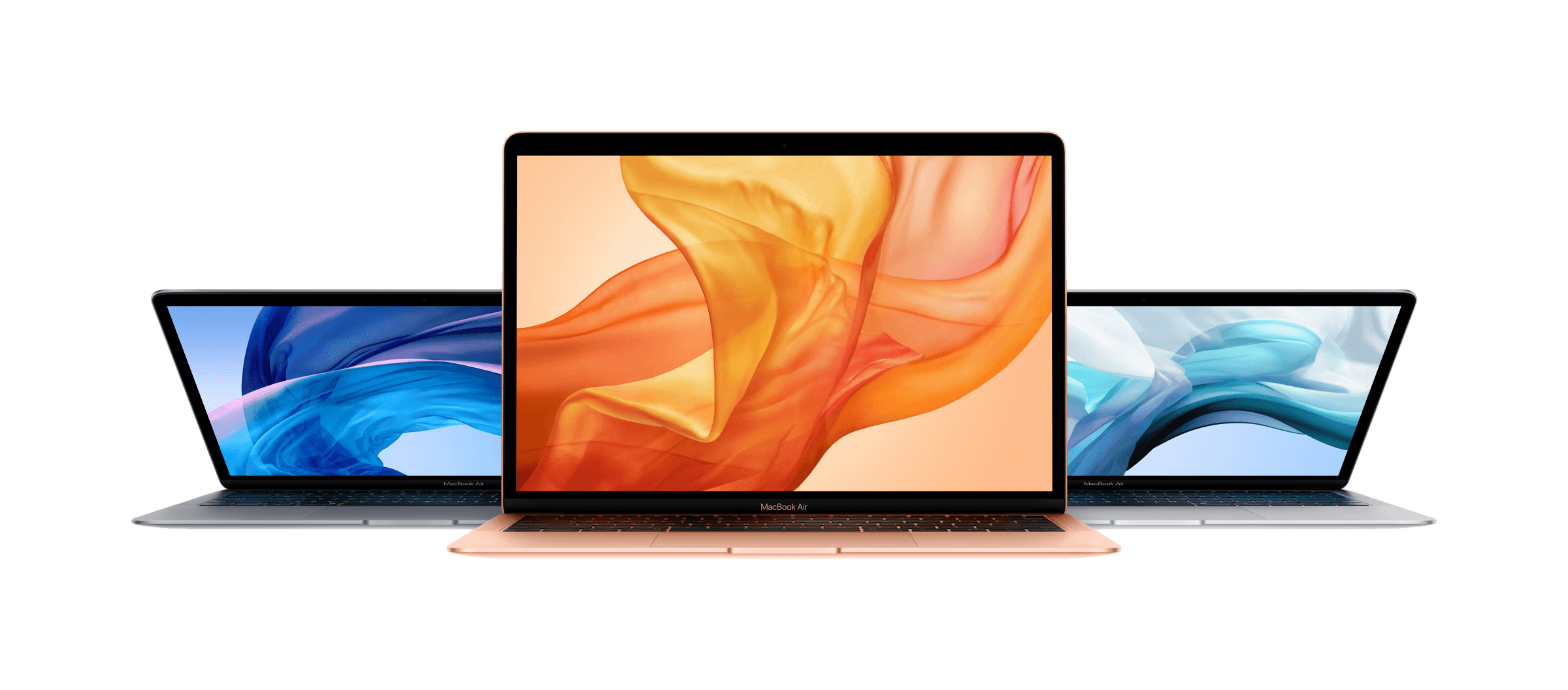 MacBook系列壁紙展示牆 壁紙 — 三部 MacBook 手提電腦在柔和的青綠色背景上展示充滿活力的抽象布料牆紙。