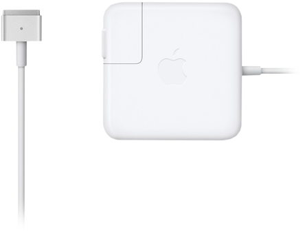 蘋果MacBook MagSafe電源適配器 壁紙 — 一個乾淨的白色Apple電源適配器連電線，在 stark 黑色背景上。