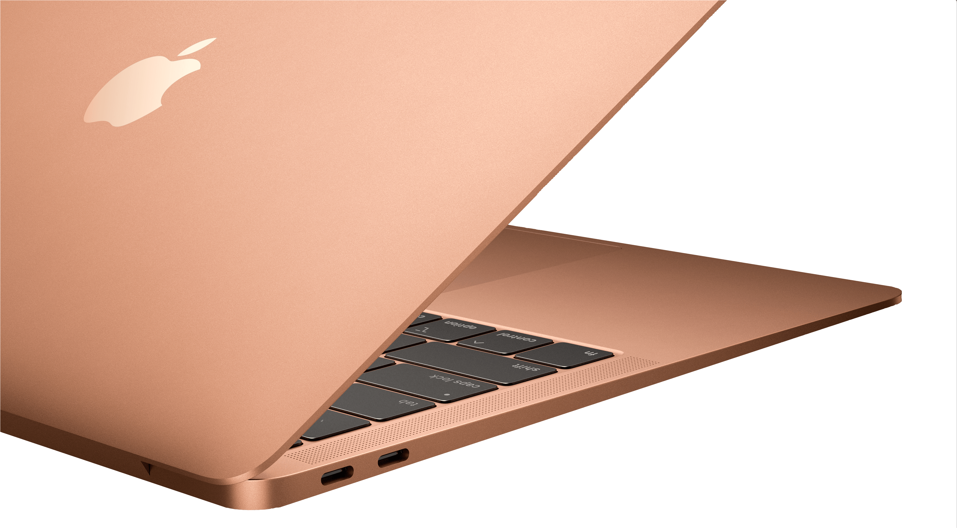 玫瑰金 MacBook 開合角度 壁紙 — 一部時尚的玫瑰金色 MacBook 手提電腦以傾斜角度打開，展示其鍵盤和標誌，背景為黑色。