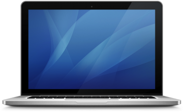 MacBook Pro正面視圖 壁紙 — 銀色手提電腦打開，顯示帶有流動光線的抽象藍色漸變壁紙。