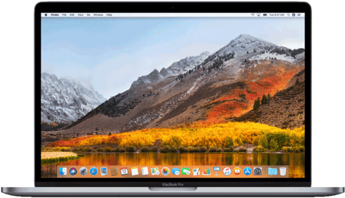 MacBook Pro山景桌面 壁紙 — 手提電腦顯示一個充滿活力的秋季山景，有雪覆蓋的山峰和金色的樹葉倒映在平靜的湖面上。