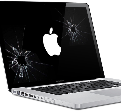 損壞的 MacBook Pro 屏幕 壁紙 — 一部銀色MacBook Pro，螢幕破裂，在黑色背景上顯示Apple標誌。