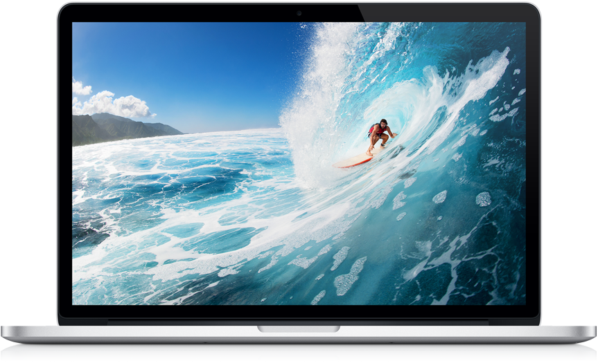 MacBook Pro 騎浪壁紙 壁紙 — 一名衝浪者在晴朗的藍天下，在遠處山巒的背景下，駕馭著巨大的藍綠色海浪。