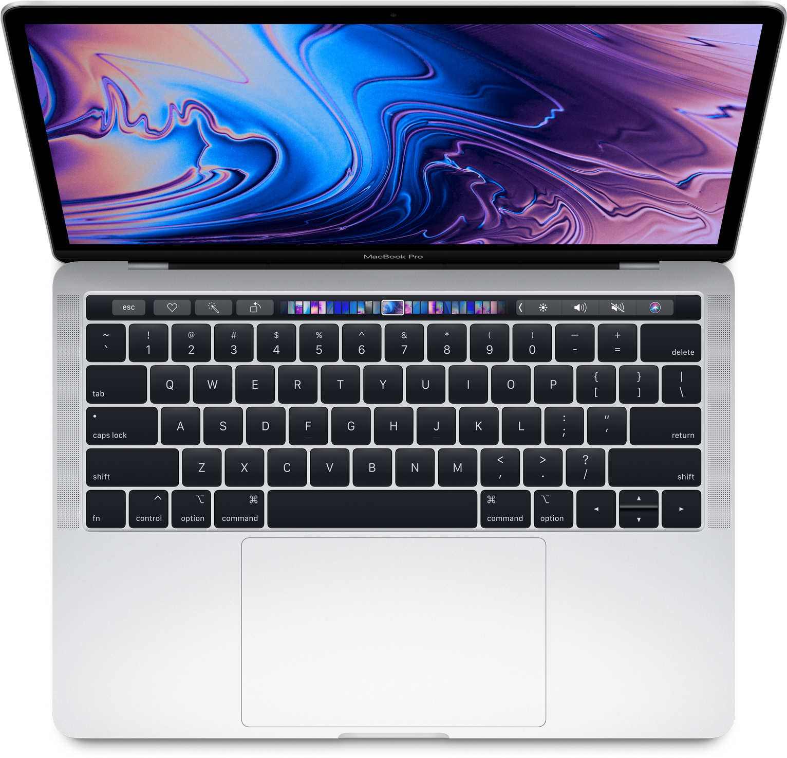 打開的 MacBook Pro 頂視圖 壁紙 — 一部銀色 MacBook Pro 手提電腦打開，顯示充滿活力的抽象藍色、紫色和粉紅色漩渦壁紙。