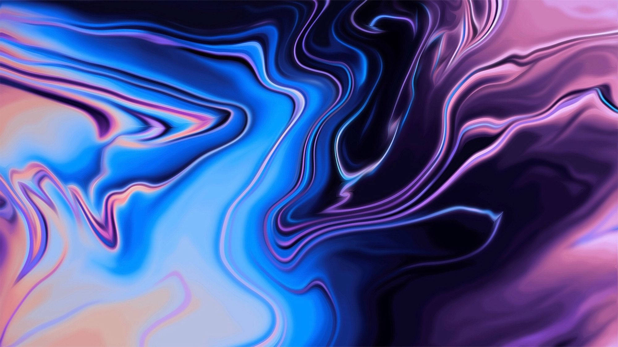 MacBook Pro 液態光暈藝術 壁紙 — 充滿活力的旋轉抽象圖案，由電光藍、紫色和柔和桃色漸變組成，像液體光一樣流動。