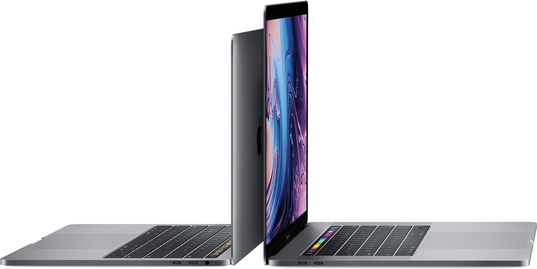 MacBook Pro側視圖顯示 壁紙 — 兩部銀色 MacBook 手提電腦傾斜放在黑色背景前，一部打開顯示充滿活力的抽象桌布。