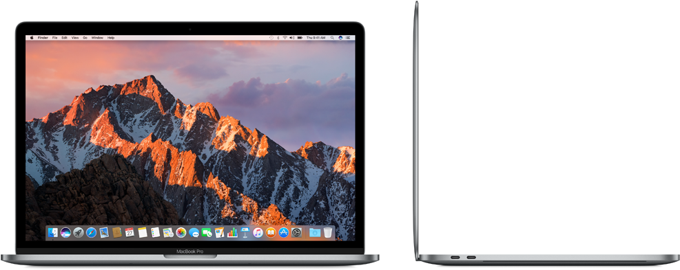MacBook Pro 前視與側視圖 壁紙 — MacBook Pro 顯示出雄偉的雪山山脈，在溫暖的日落光芒中沐浴，襯托著紫色的天空。