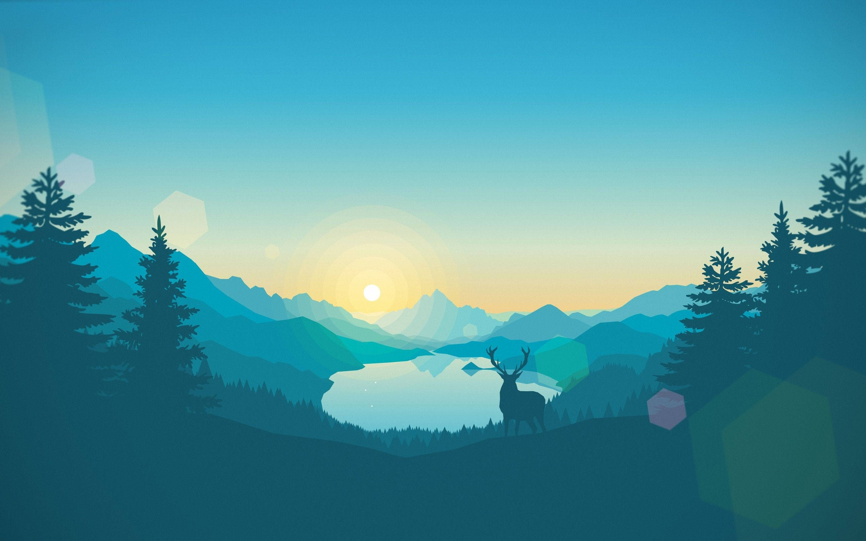 MacBook Pro Firewatch Sunrise 壁紙 — 一隻鹿的剪影站在寧靜的湖泊前，日出時分，層疊的山巒和松樹在漸變的天空下。