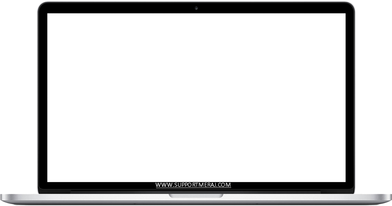 MacBook Pro 空白螢幕模型 壁紙 — 一部時尚的銀色手提電腦，黑色屏幕，底部有網站文字。
