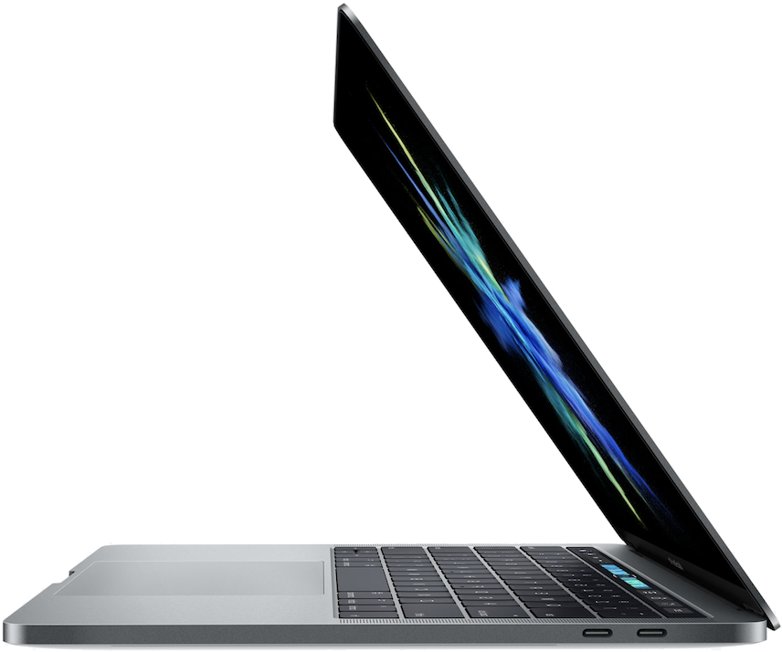 MacBook Pro 側面視圖 壁紙 — 一部時尚的銀色手提電腦傾斜打開，黑色背景，帶有充滿活力的抽象屏幕顯示。