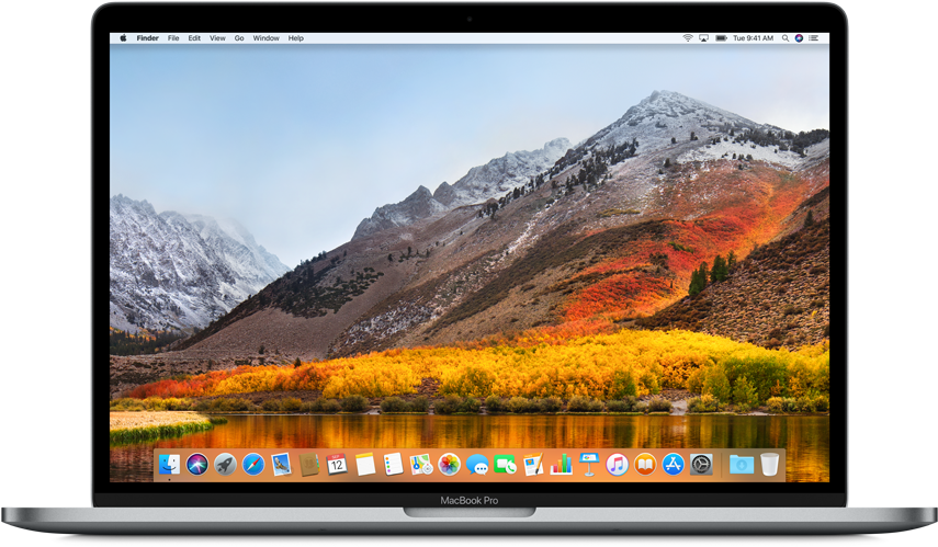 MacBook Pro 山景壁紙 壁紙 — MacBook Pro 顯示出充滿活力的秋季山景，白雪覆蓋的山峰和金色的樹葉倒映在平靜的湖面上。