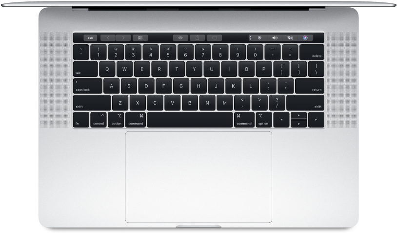 MacBook Pro 鍵盤與觸控板頂視圖 壁紙 — 俯視圖：黑色背景上，一個銀色手提電腦鍵盤，帶有黑色按鍵和大型觸控板。