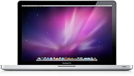 經典MacBook Pro設計 壁紙 — 銀色 MacBook Pro 手提電腦顯示充滿活力的紫色和粉紅色宇宙桌布，帶有星場和應用程式 Dock。