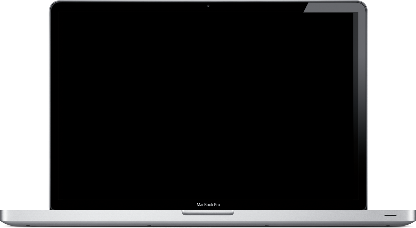 MacBook Pro 正面視角 壁紙 — 一部時尚的銀色 MacBook Pro 筆記型電腦，黑色螢幕，顯示在純白色背景上。