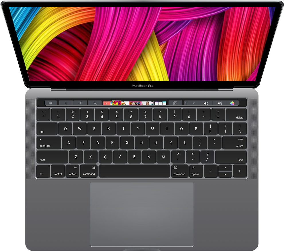 MacBook Pro 開機顯示 壁紙 — 一部銀色 MacBook Pro 手提電腦打開，屏幕上顯示出色彩繽紛的抽象漩渦彩虹絲帶牆紙。