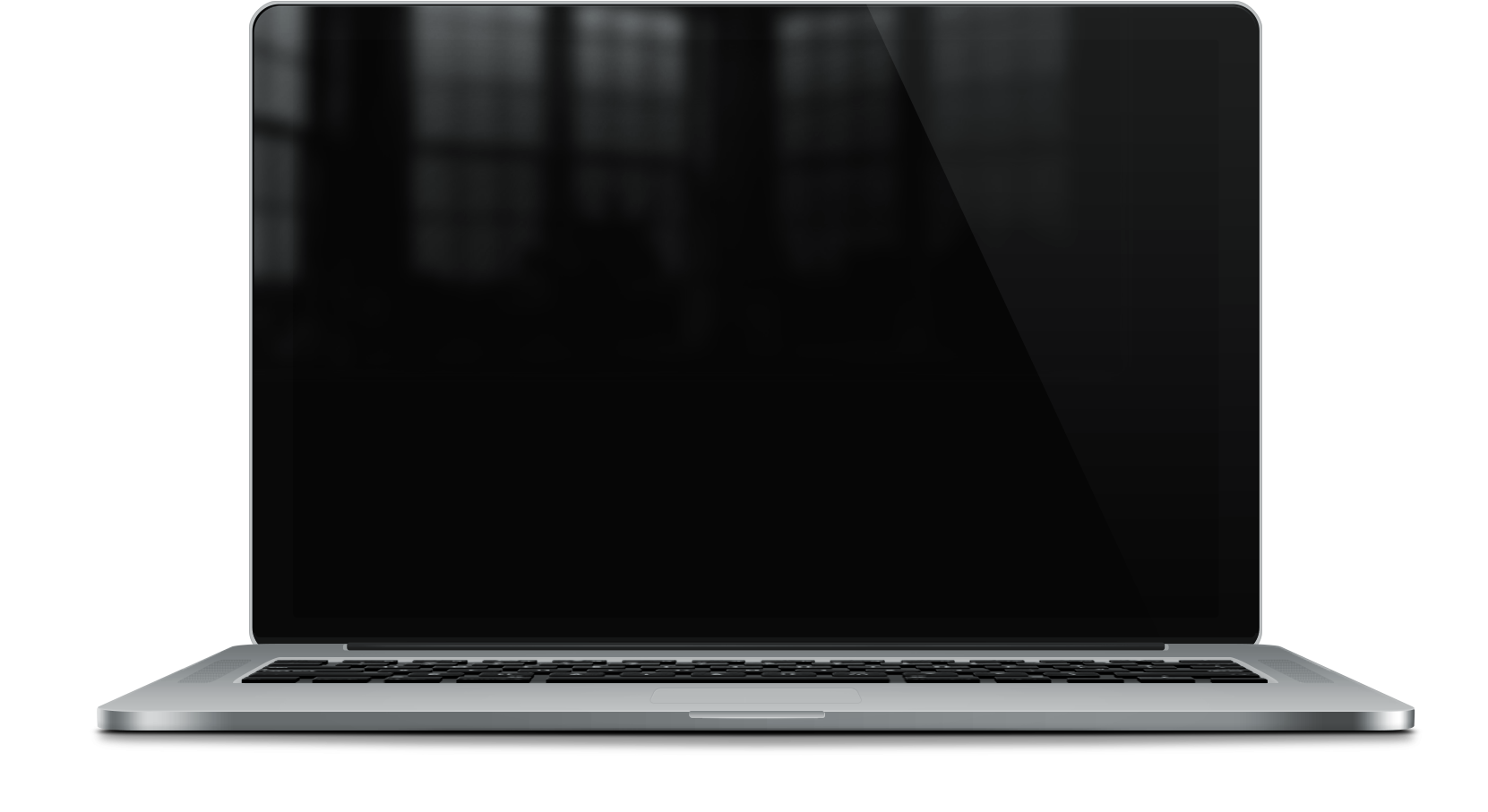 銀色 MacBook Pro 正面視角 壁紙 — 一部時尚的銀色手提電腦，配備黑色屏幕和鍵盤，置於白色表面上，背景為深色。