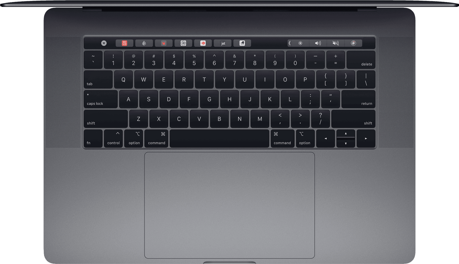 MacBook Pro鍵盤頂視圖 壁紙 — 特寫一個時尚的銀色筆記本電腦鍵盤，帶有黑色按鍵和發光的功能行，背景為深色。