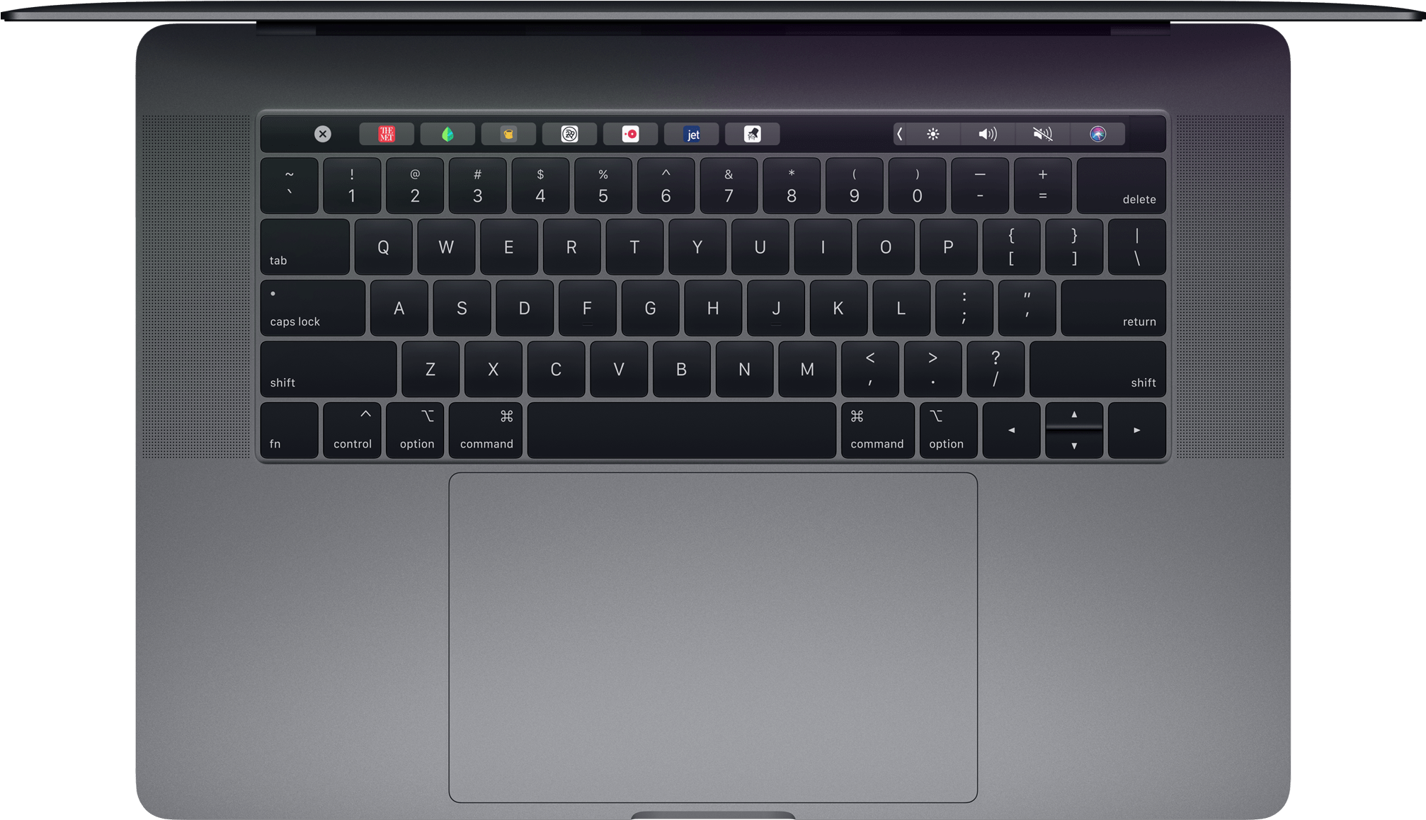 MacBook Pro鍵盤頂視圖 壁紙 — 特寫一個時尚的銀色筆記本電腦鍵盤，帶有黑色按鍵和發光的功能行，背景為深色。