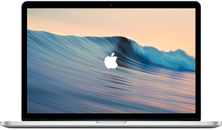 MacBook Pro Retina 顯示器 壁紙 — 一部時尚的銀色手提電腦在柔和的桃色天空下，顯示一個動態的海洋波浪桌布，頂部有一個發光的Apple標誌。