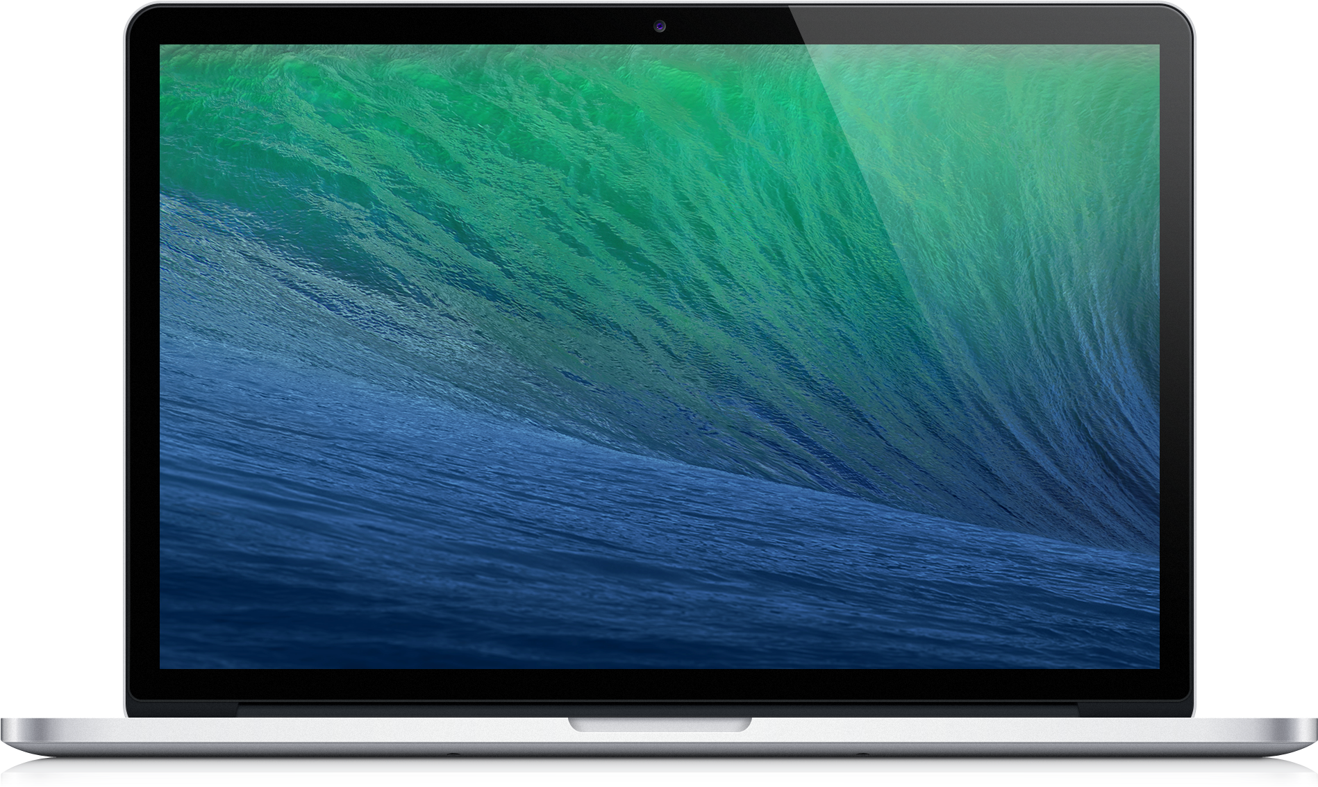 MacBook Pro Retina 螢幕 壁紙 — 一部時尚的銀色手提電腦顯示出充滿活力的綠色和藍色海浪，完美地捲成一個桶狀。